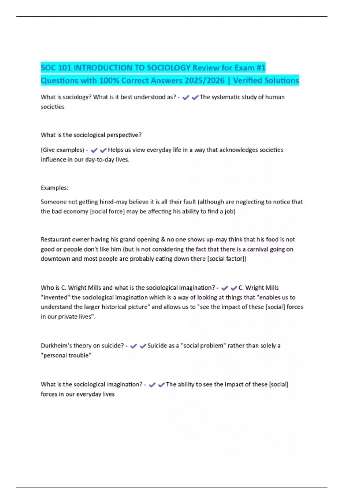 SOC 101 INTRODUCTION TO SOCIOLOGY Review for Exam #1 Questions with 100 ...