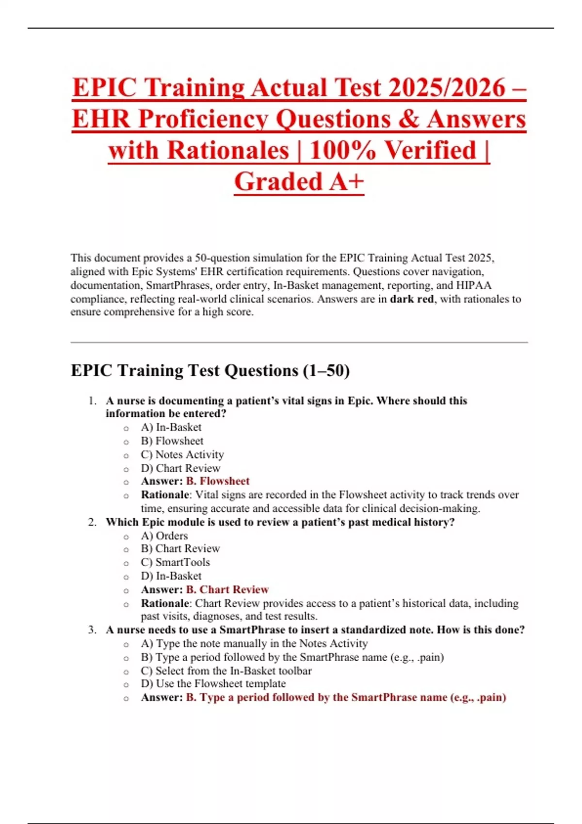 Epic 26 Questionnaire.pdf EPIC Training Actual Test 2025/2026 – EHR Proficiency Questions ...