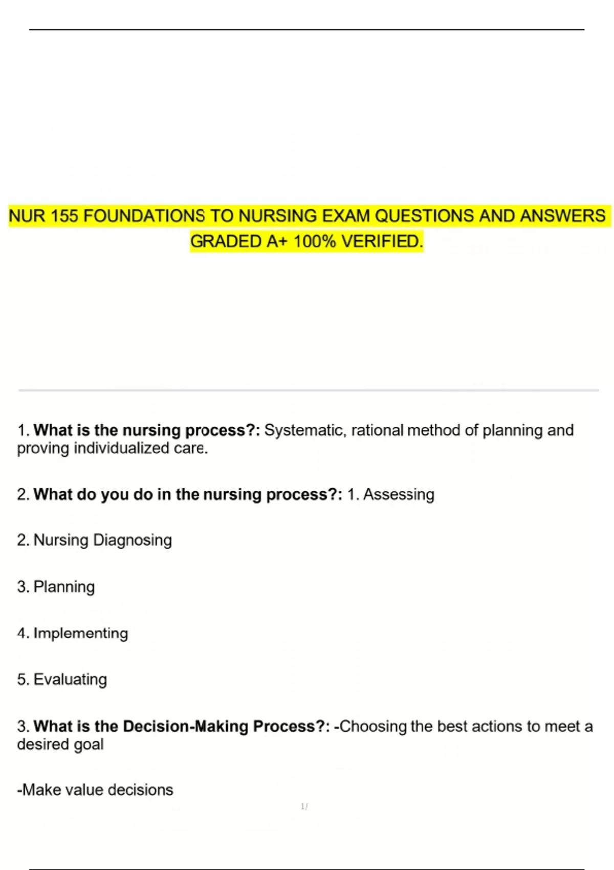 NUR 155 FOUNDATIONS TO NURSING EXAM QUESTIONS AND ANSWERS GRADED A+ 100 ...