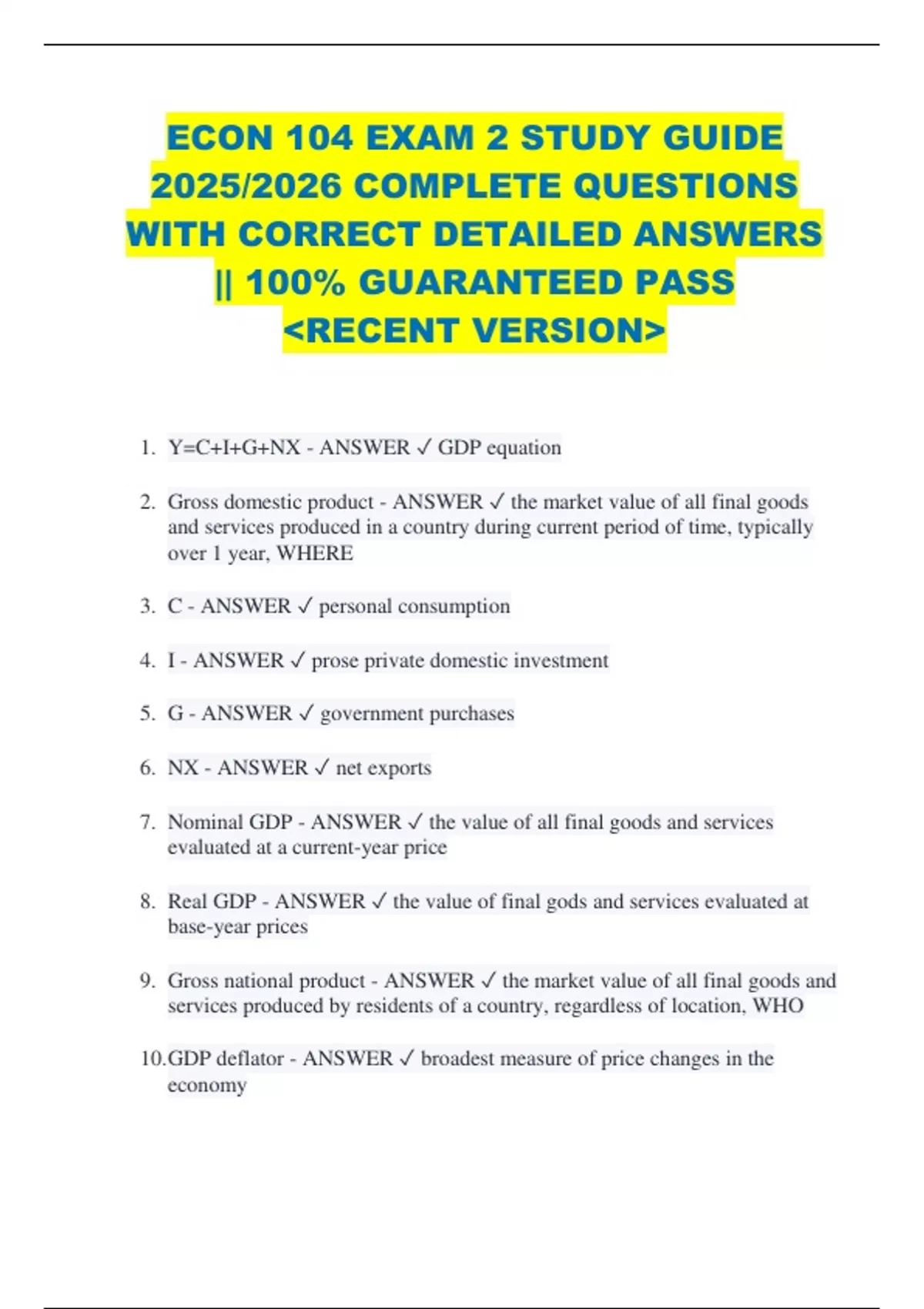 ECON 104 EXAM 2 STUDY GUIDE 2025/2026 COMPLETE QUESTIONS WITH CORRECT ...