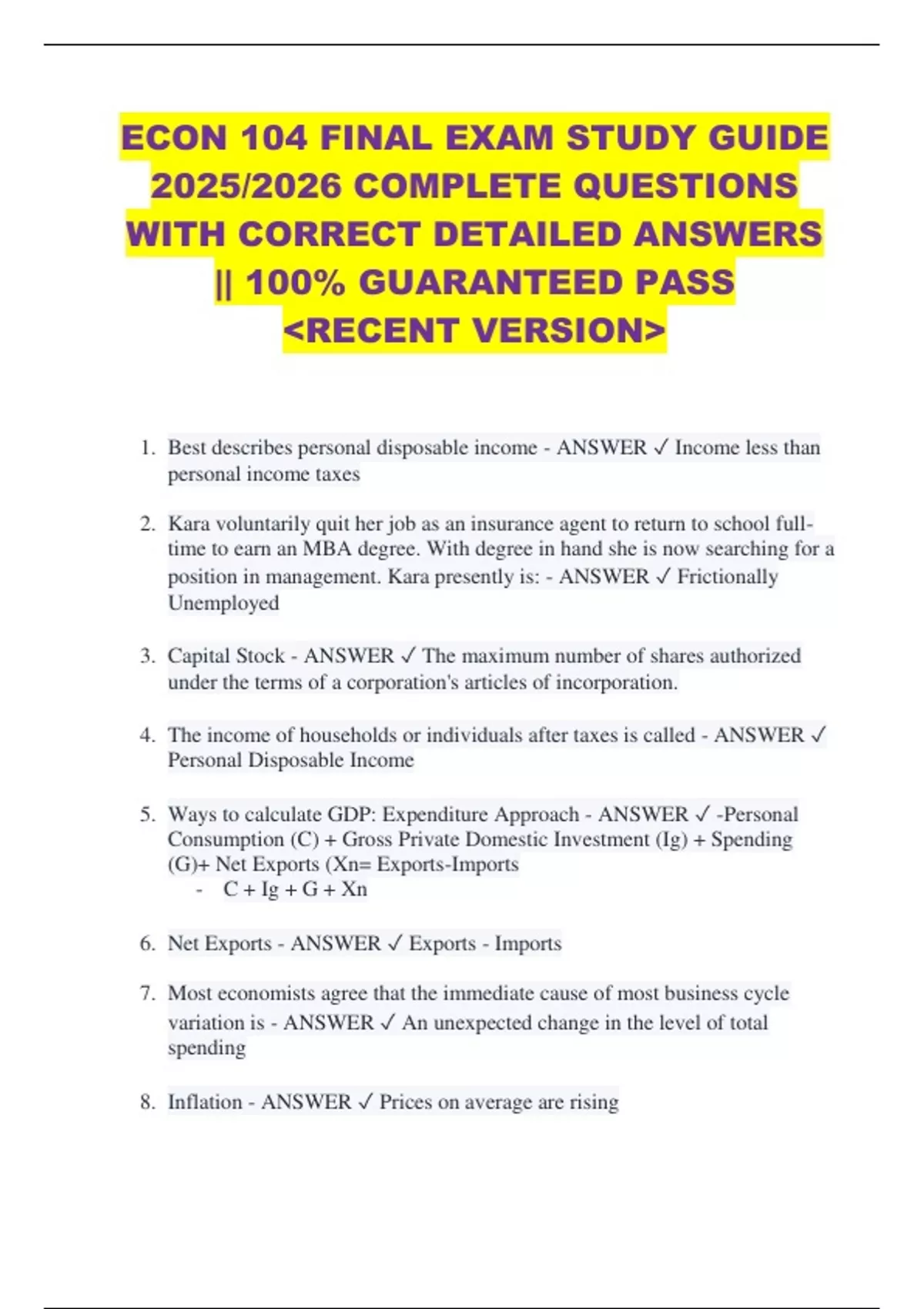 ECON 104 FINAL EXAM STUDY GUIDE 2025/2026 COMPLETE QUESTIONS WITH ...
