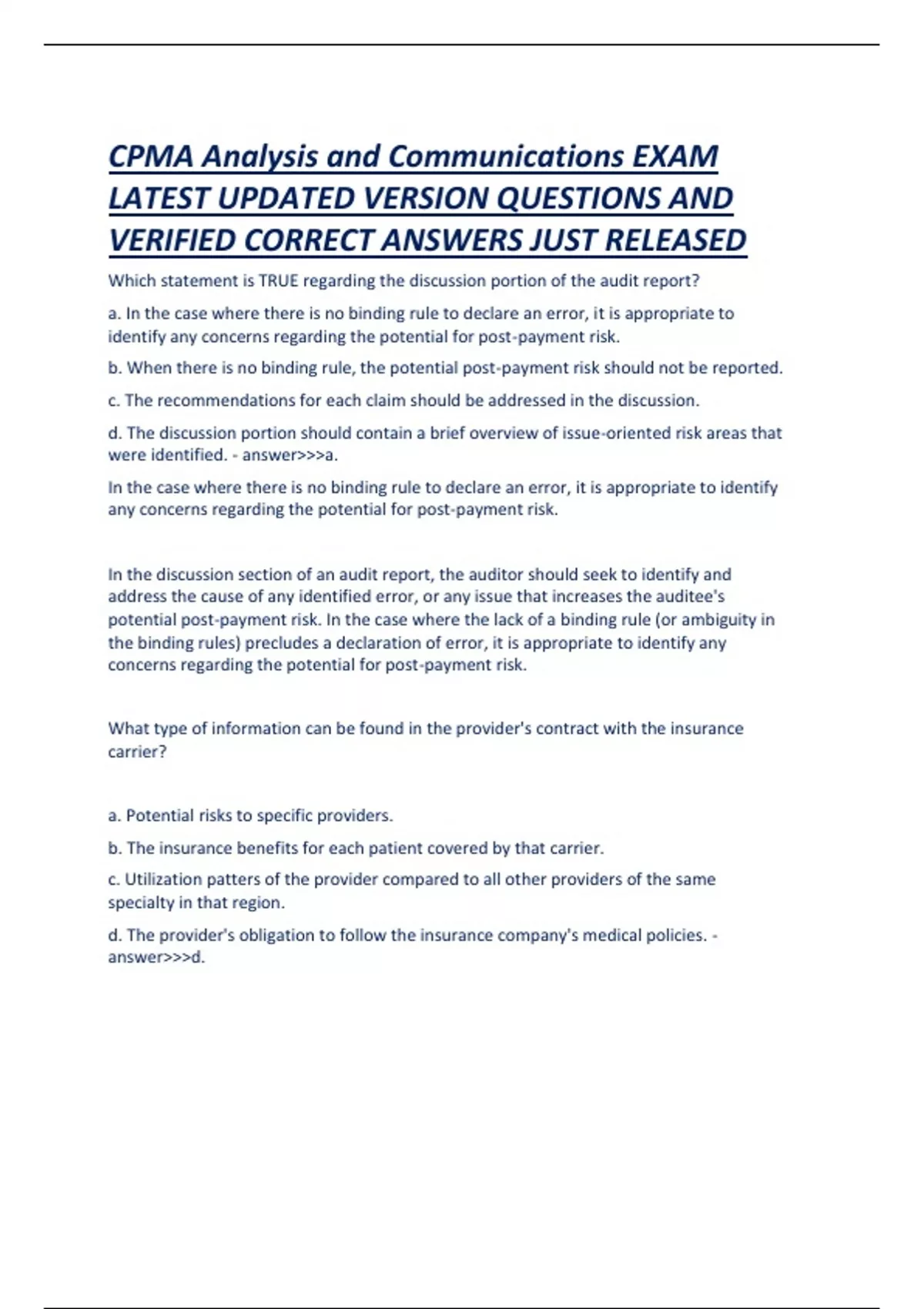CPMA Analysis and Communications EXAM LATEST UPDATED VERSION QUESTIONS ...