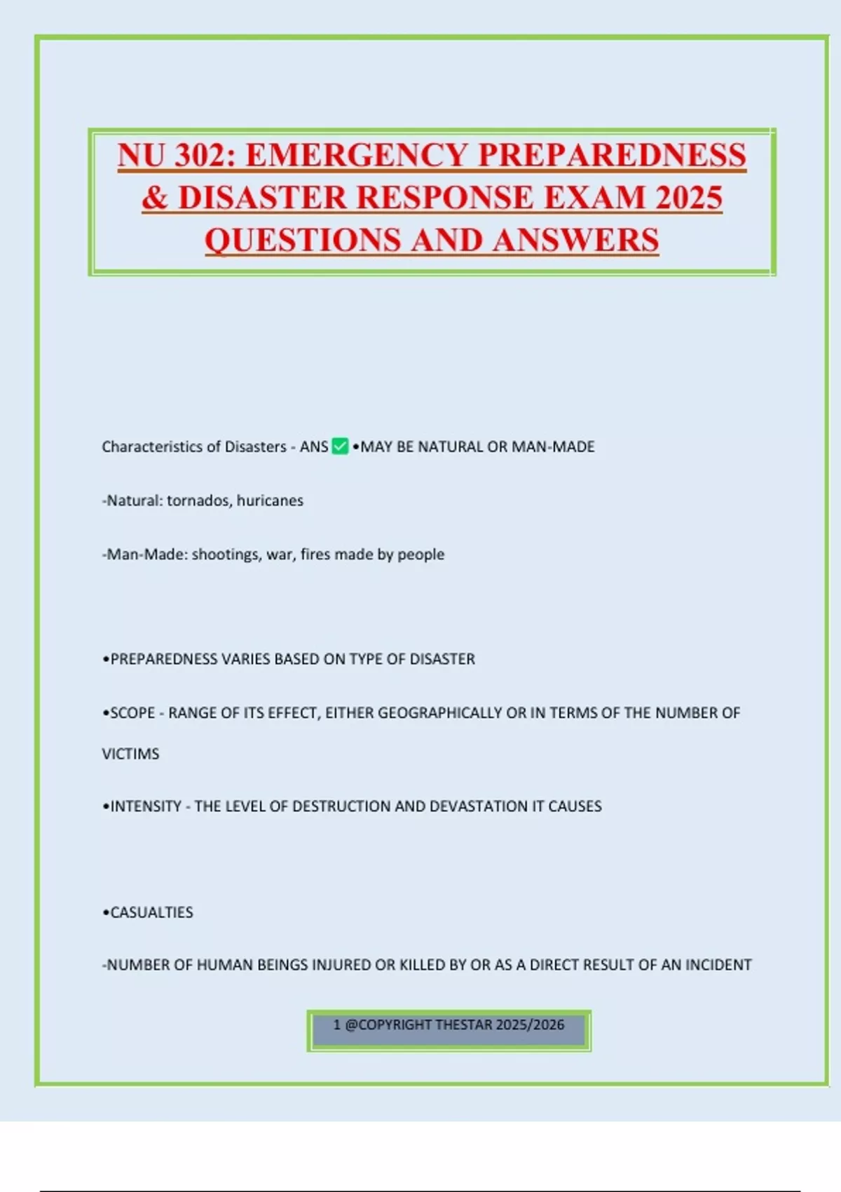 NU 302: EMERGENCY PREPAREDNESS & DISASTER RESPONSE EXAM 2025 QUESTIONS ...