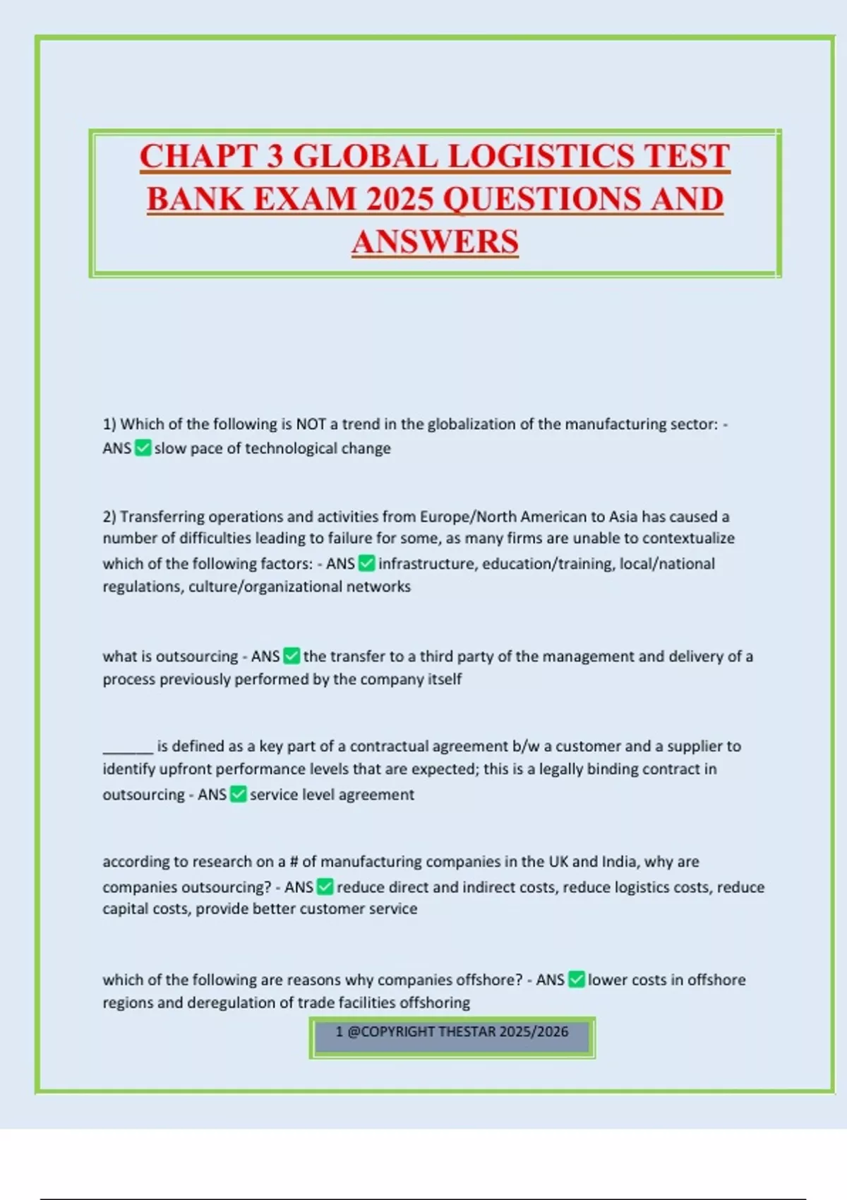CHAPT 3 GLOBAL LOGISTICS TEST BANK EXAM 2025 QUESTIONS AND ANSWERS ...