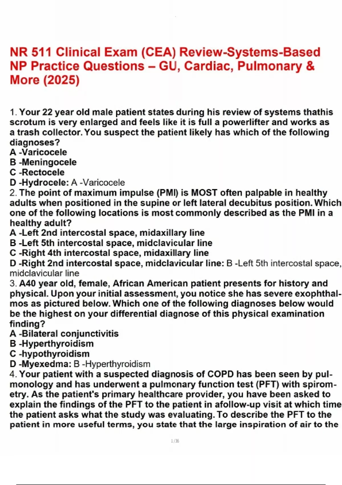NR 511 Clinical Exam (CEA) Review-Systems-Based NP Practice Questions ...