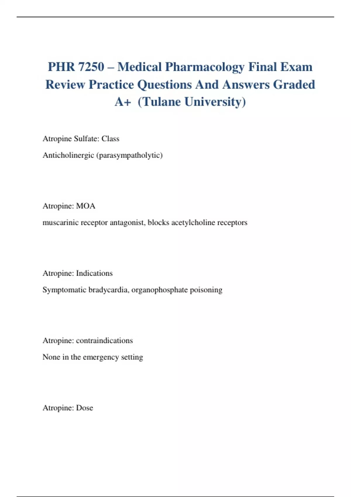 Phr Example Questions PHR 7250 – Medical Pharmacology Final Exam Review Practice Questions ...