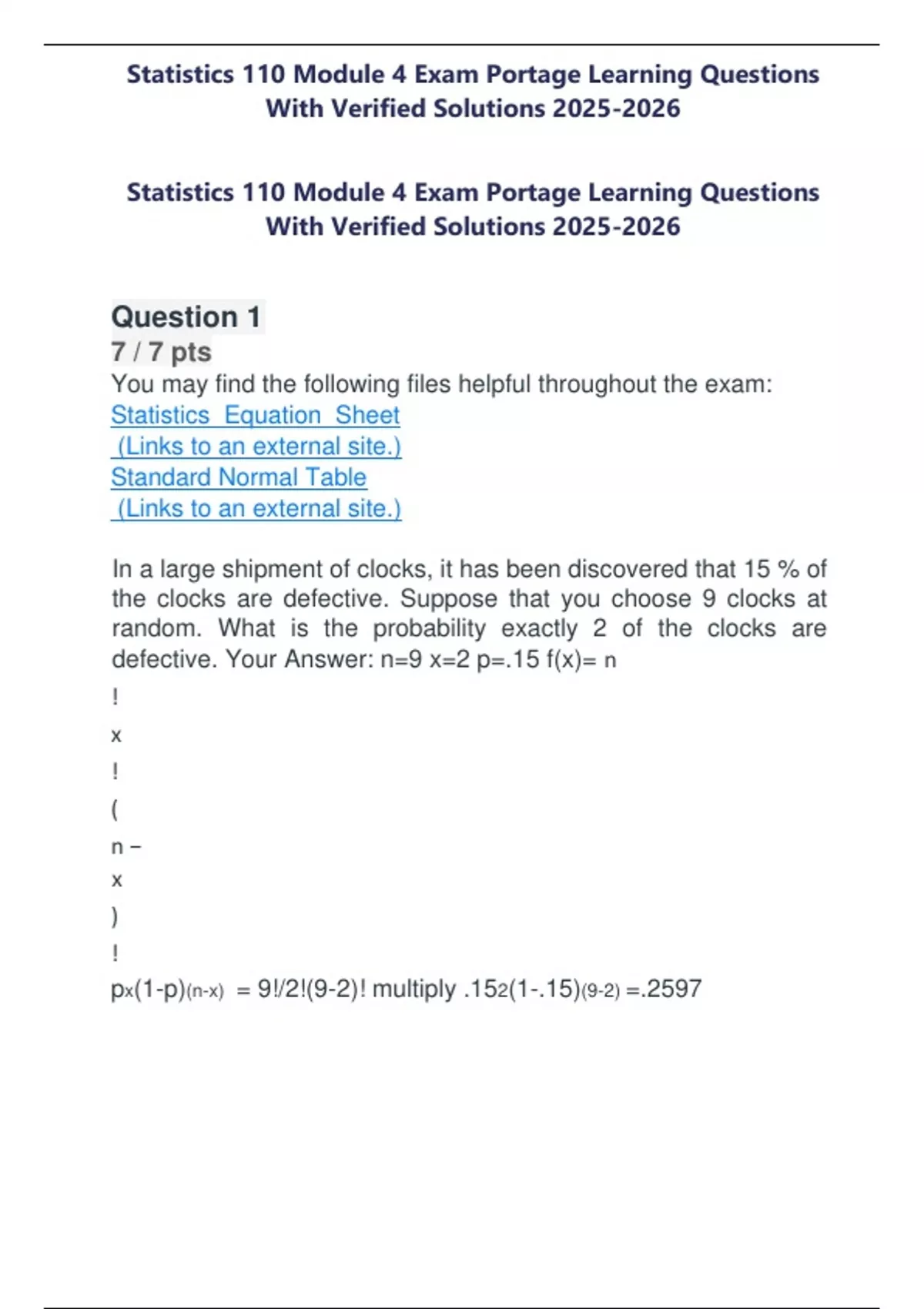Statistics Portage Learning Module Statistics 110 Module 4 Exam Portage Learning Questions With Verified ...