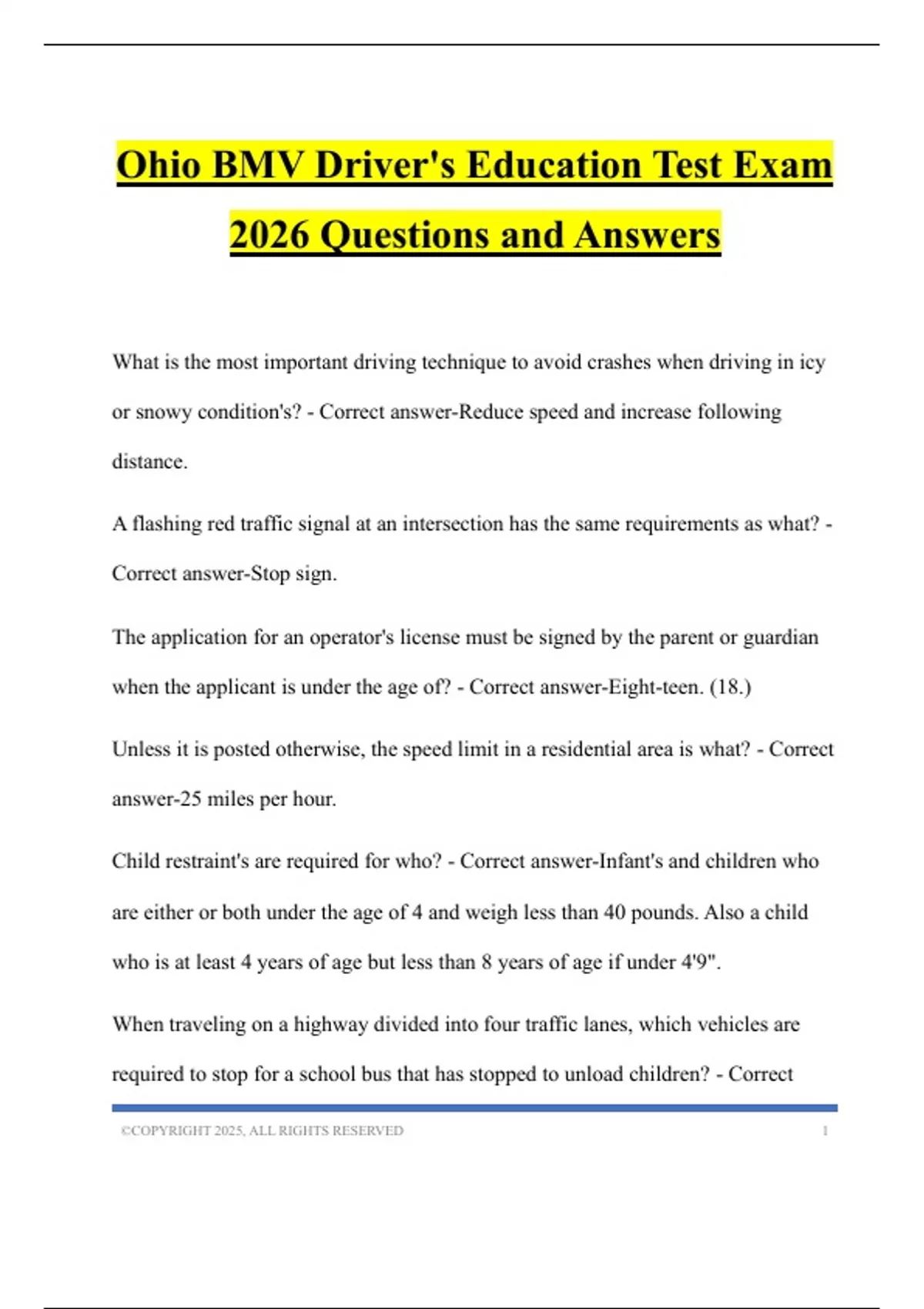 Ohio BMV Driver's Education Test Exam 2026 Questions and Answers - Ohio ...