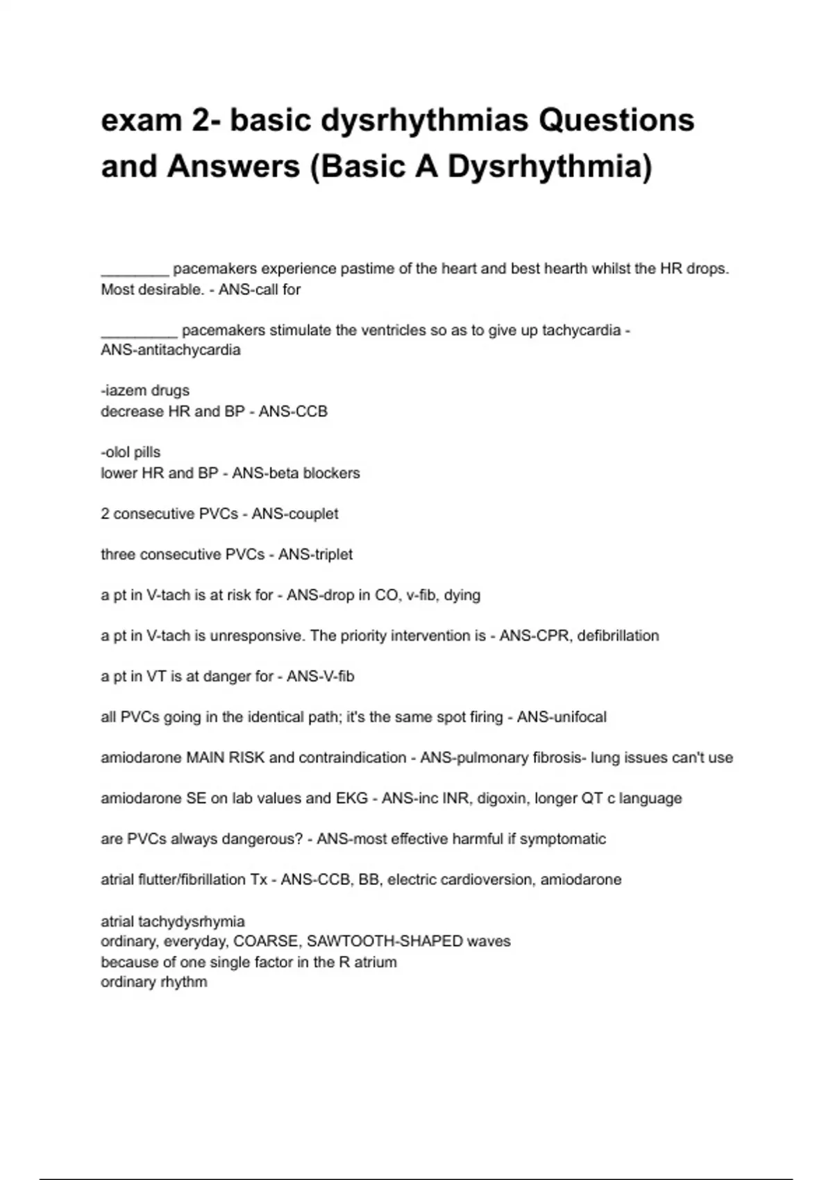 exam 2- basic dysrhythmias Questions and Answers (Basic A Dysrhythmia ...