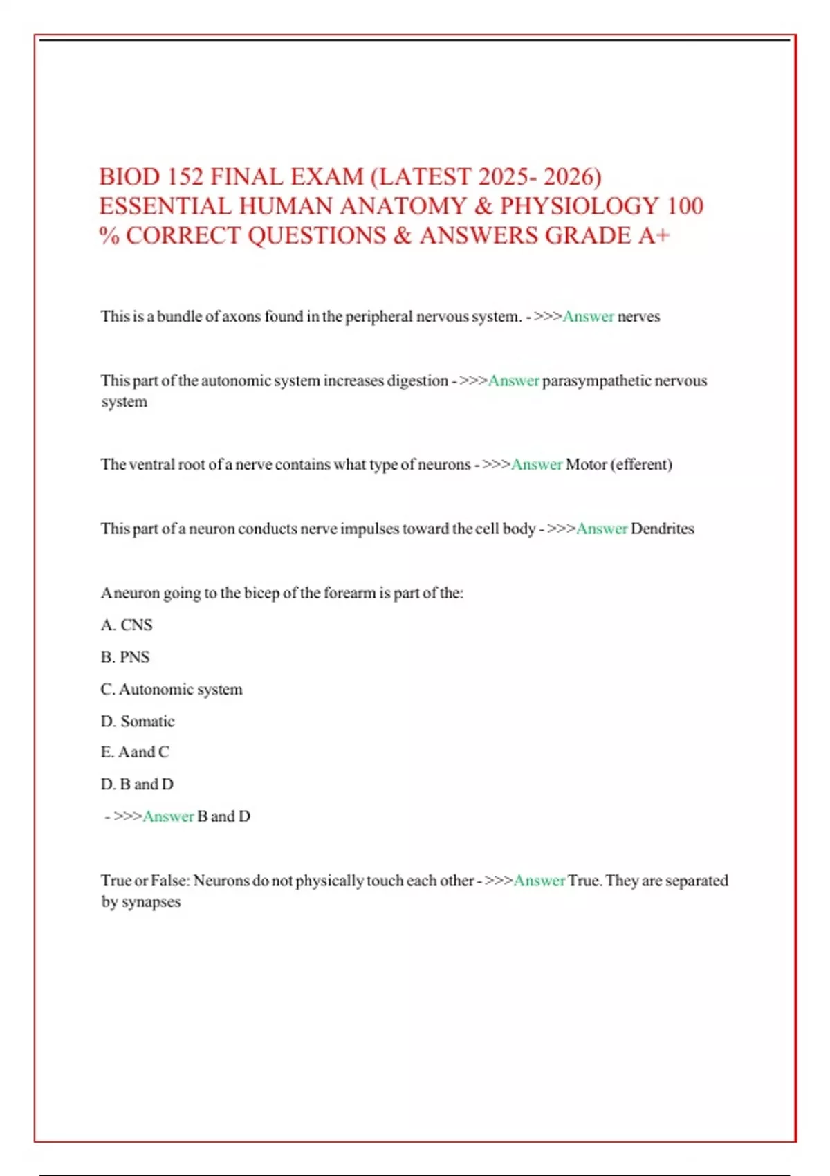 BIOD 152 FINAL EXAM (LATEST ) ESSENTIAL HUMAN ANATOMY & PHYSIOLOGY 100 ...