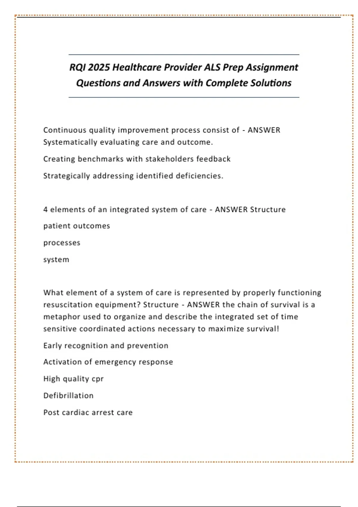 RQI 2025 Healthcare Provider ALS Prep Assignment Questions and Answers ...