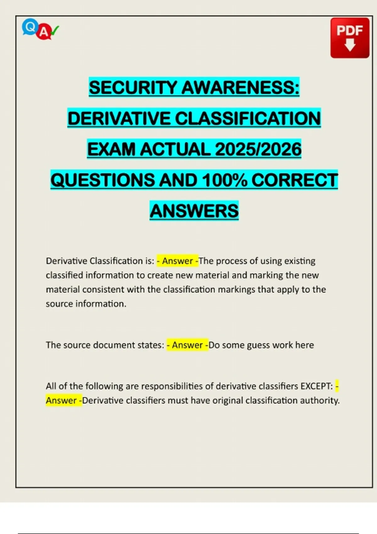 SECURITY AWARENESS: DERIVATIVE CLASSIFICATION EXAM ACTUAL 2025/2026 ...