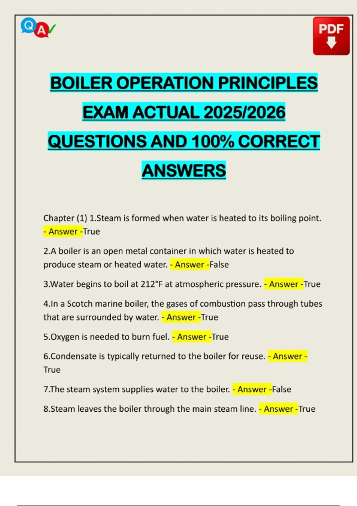 BOILER OPERATION PRINCIPLES EXAM ACTUAL 2025/2026 QUESTIONS AND 100