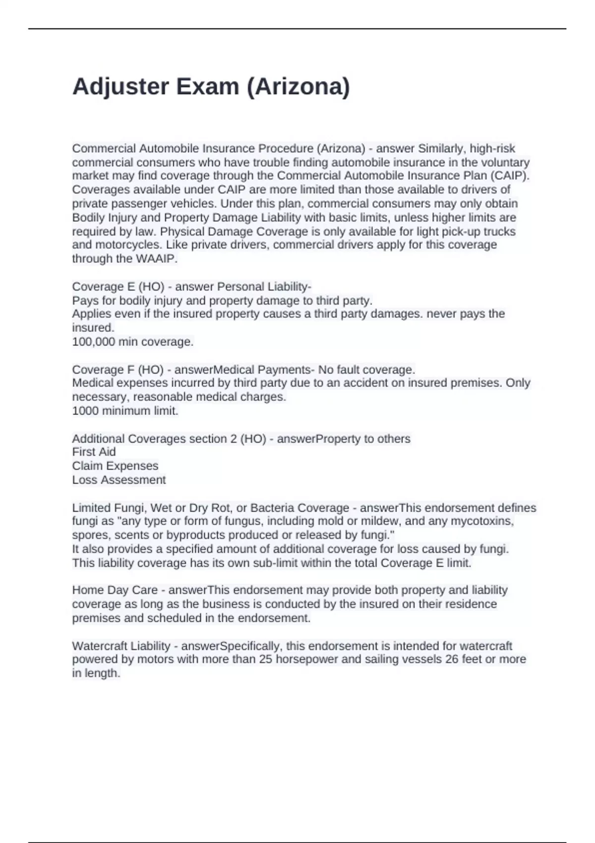 Adjuster Exam (Arizona) Questions and Answers 2025 - Arizona life ...