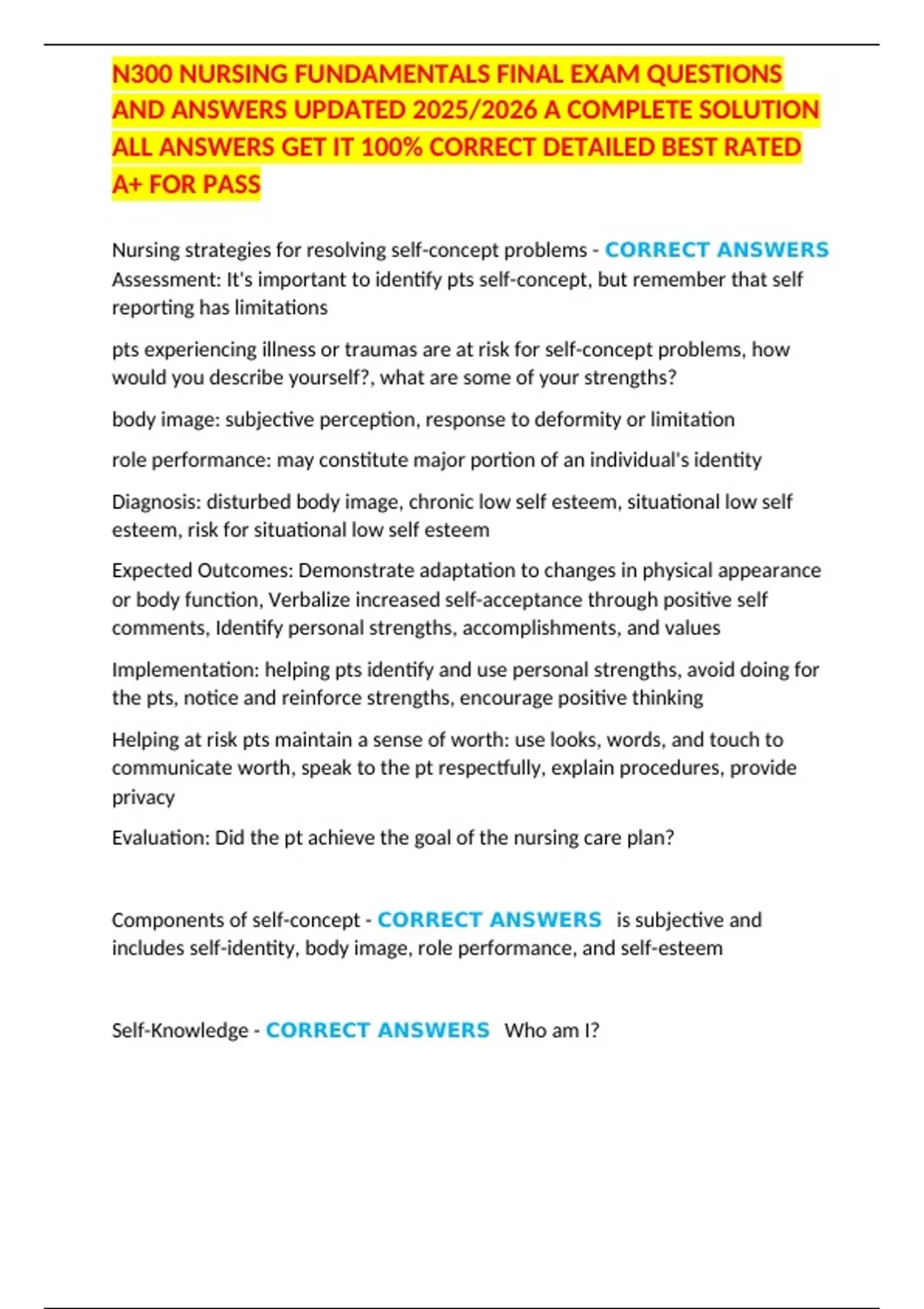 N300 NURSING FUNDAMENTALS FINAL EXAM QUESTIONS AND ANSWERS UPDATED 2025 ...