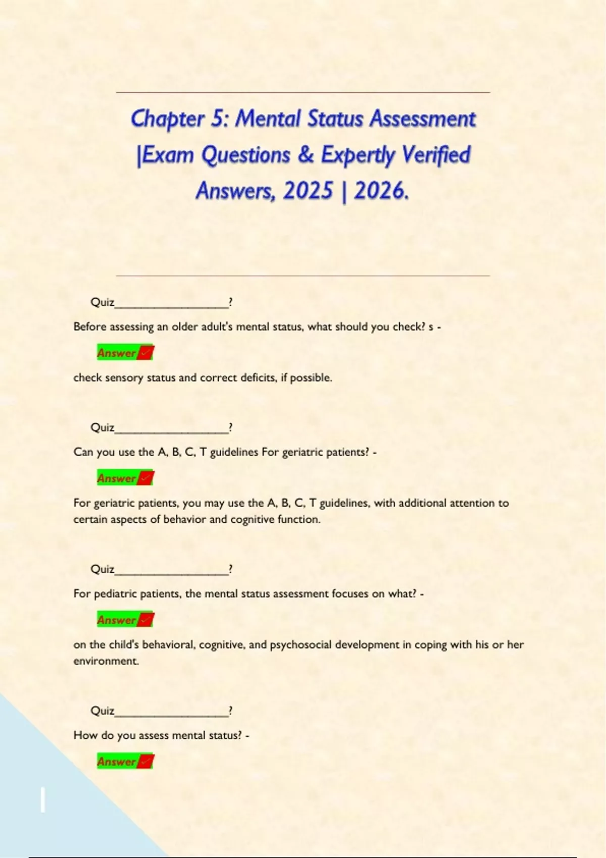 Chapter 5: Mental Status Assessment |Exam Questions & Expertly Verified ...