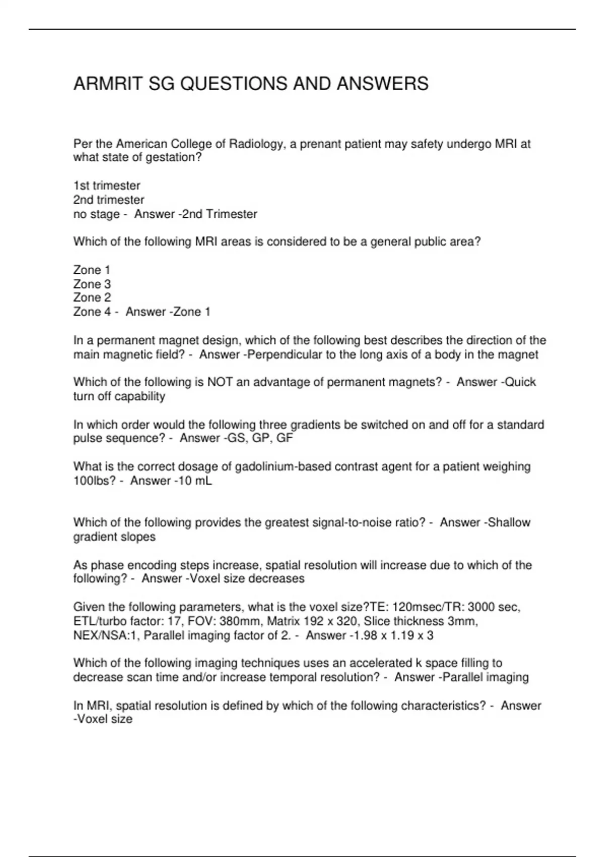 ARMRIT SG QUESTIONS AND ANSWERS - MRI ARMRIT - Stuvia US