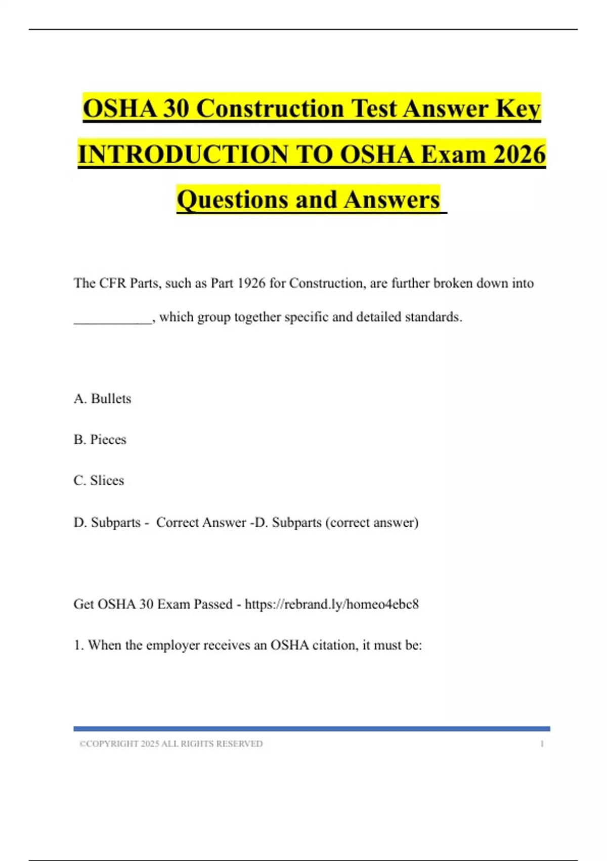 OSHA 30 Construction Test Answer Key INTRODUCTION TO OSHA Exam 2026 ...