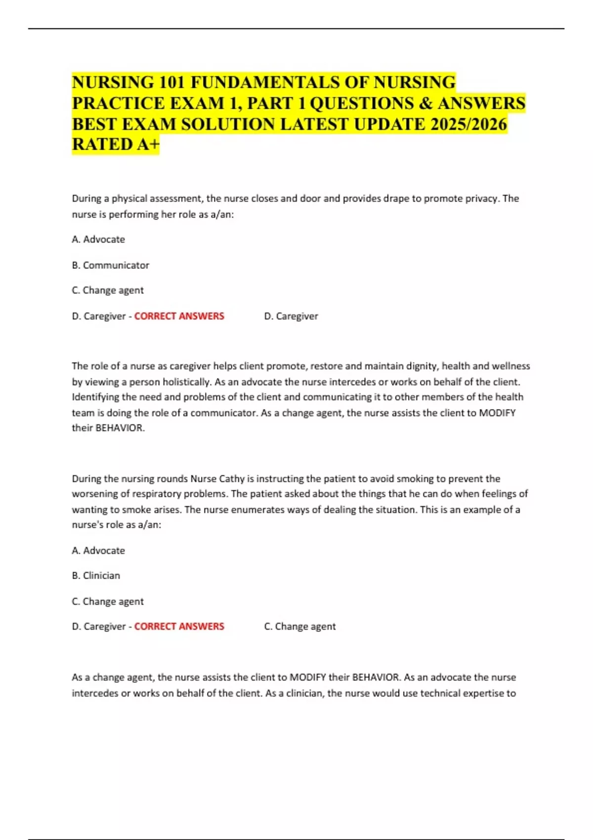 NURSING 101 FUNDAMENTALS OF NURSING PRACTICE EXAM 1, PART 1 QUESTIONS ...