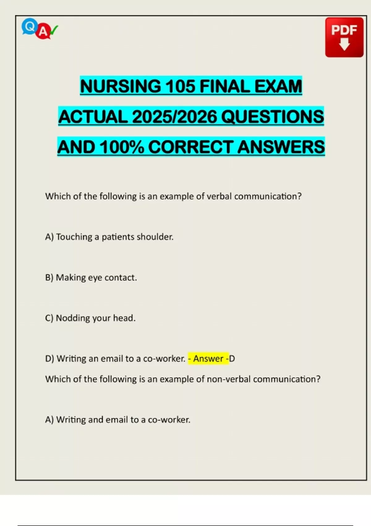 NURSING 105 FINAL EXAM ACTUAL 2025/2026 QUESTIONS AND 100% CORRECT ...