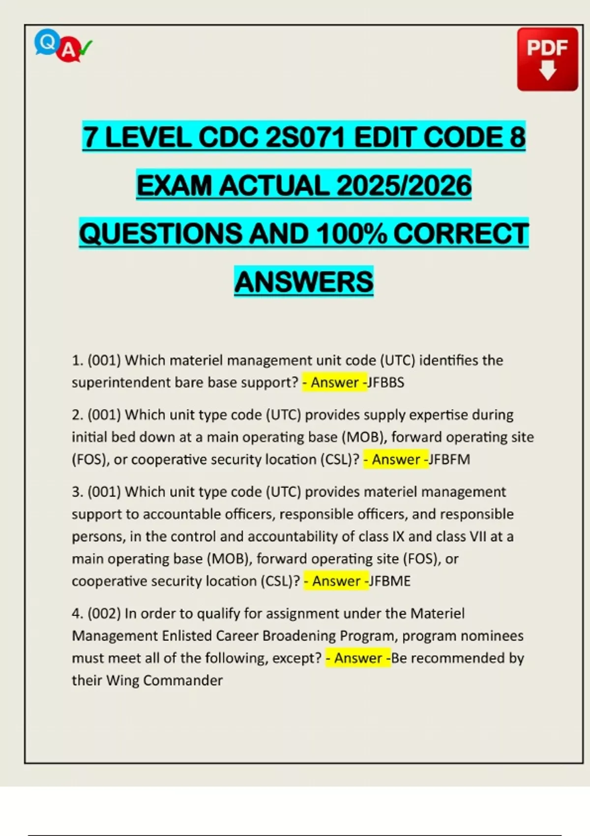 7 LEVEL CDC 2S071 EDIT CODE 8 EXAM ACTUAL 2025/2026 QUESTIONS AND 100% ...
