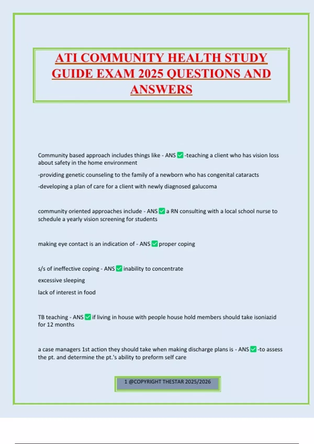 ATI COMMUNITY HEALTH STUDY GUIDE EXAM 2025 QUESTIONS AND ANSWERS ...