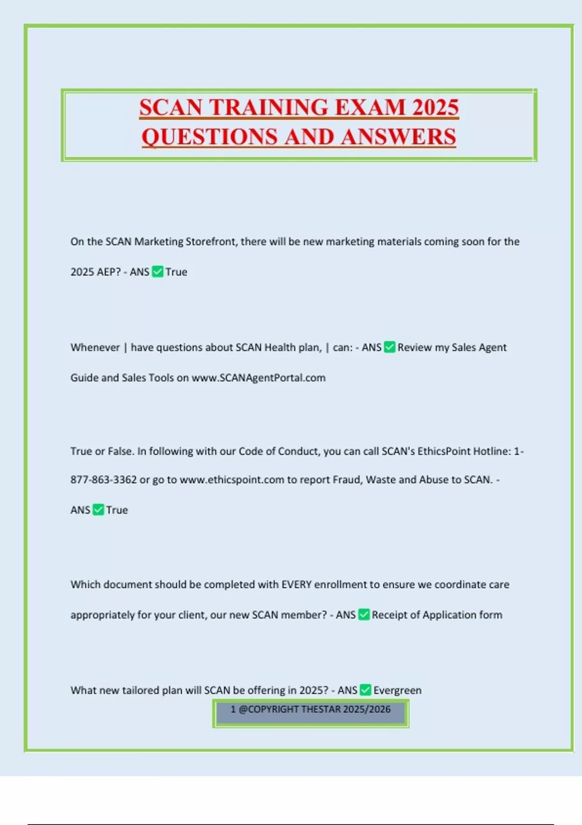 SCAN TRAINING EXAM 2025 QUESTIONS AND ANSWERS - SCAN TRAINING - Stuvia US