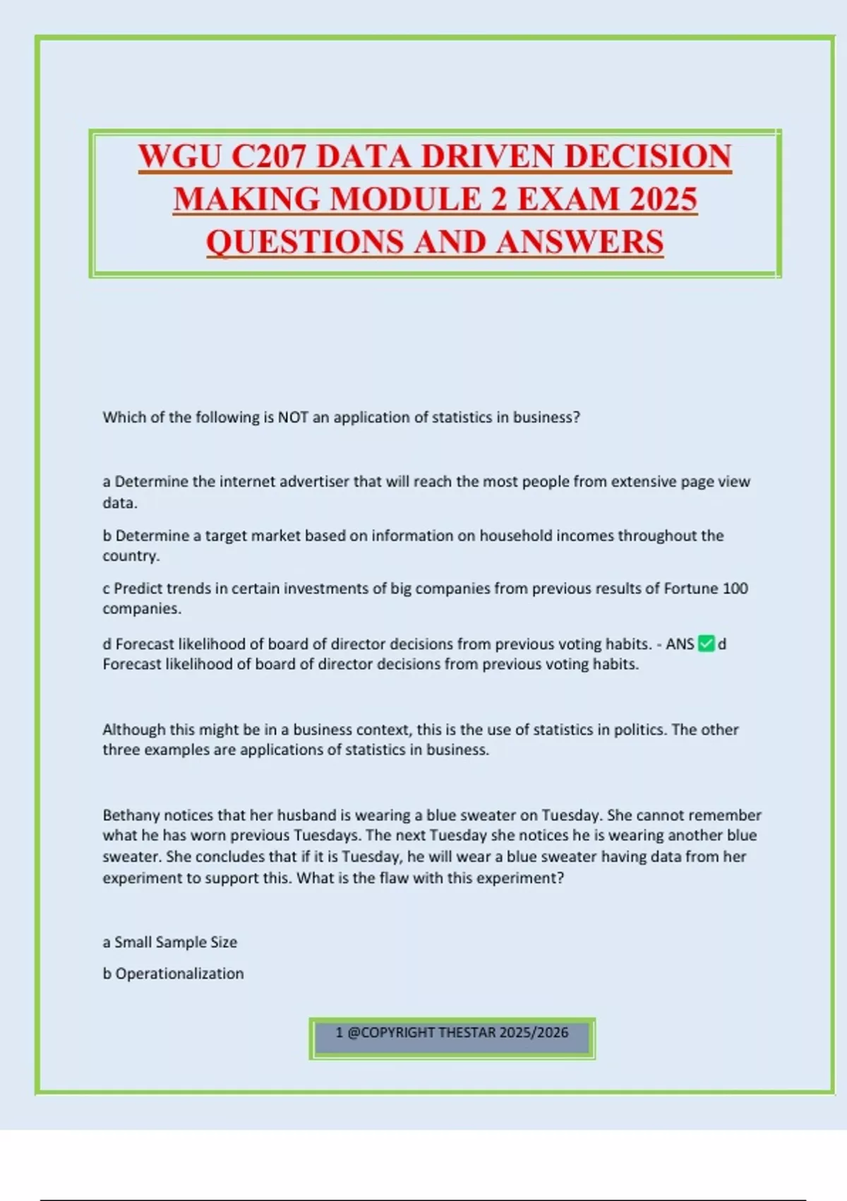 WGU C207 DATA DRIVEN DECISION MAKING MODULE 2 EXAM 2025 QUESTIONS AND ...