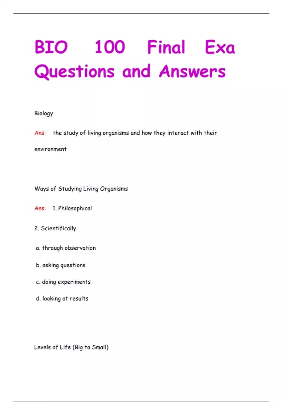 BIO 100 Final Exam | Questions and Answers | 100% Verified & Accurate ...