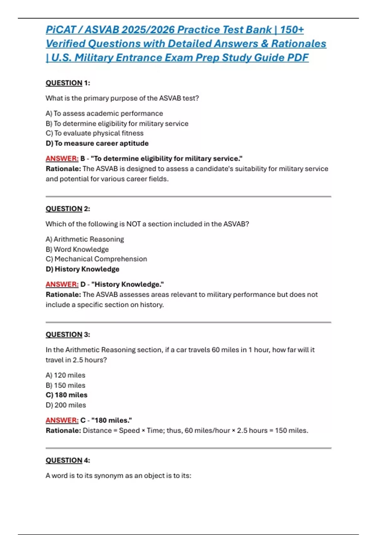 PiCAT / ASVAB 2025/2026 Practice Test Bank | 150+ Verified Questions with Detailed Answers ...