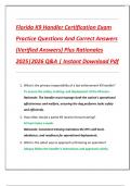 Florida K9 Handler Certification Exam  Practice Questions And Correct Answers  &lpar;Verified Answers&rpar; Plus Rationales  2025&vert;2026 Q&A &vert; Instant Download Pdf 
