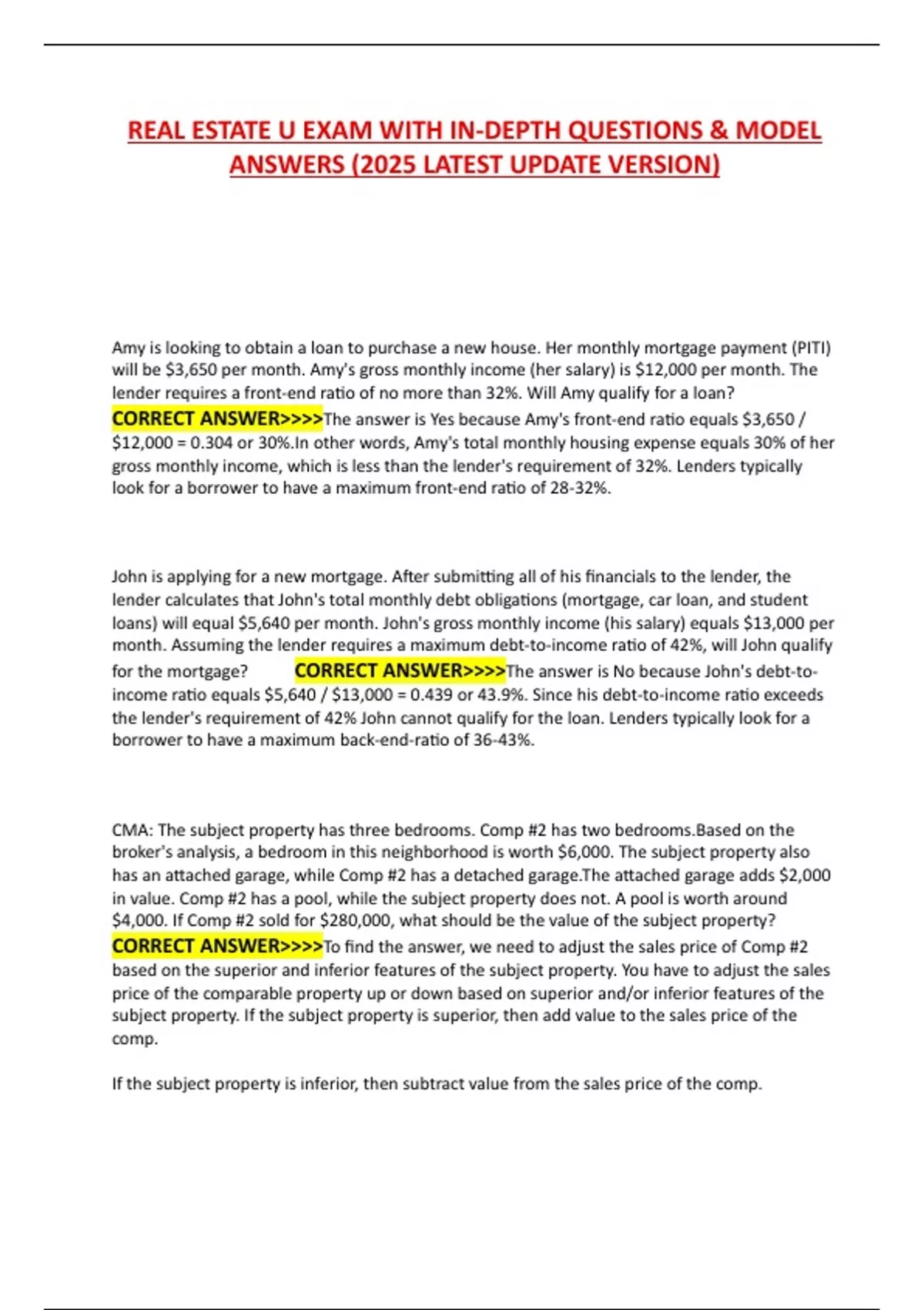 REAL ESTATE U EXAM WITH IN-DEPTH QUESTIONS & MODEL ANSWERS (2025 LATEST ...