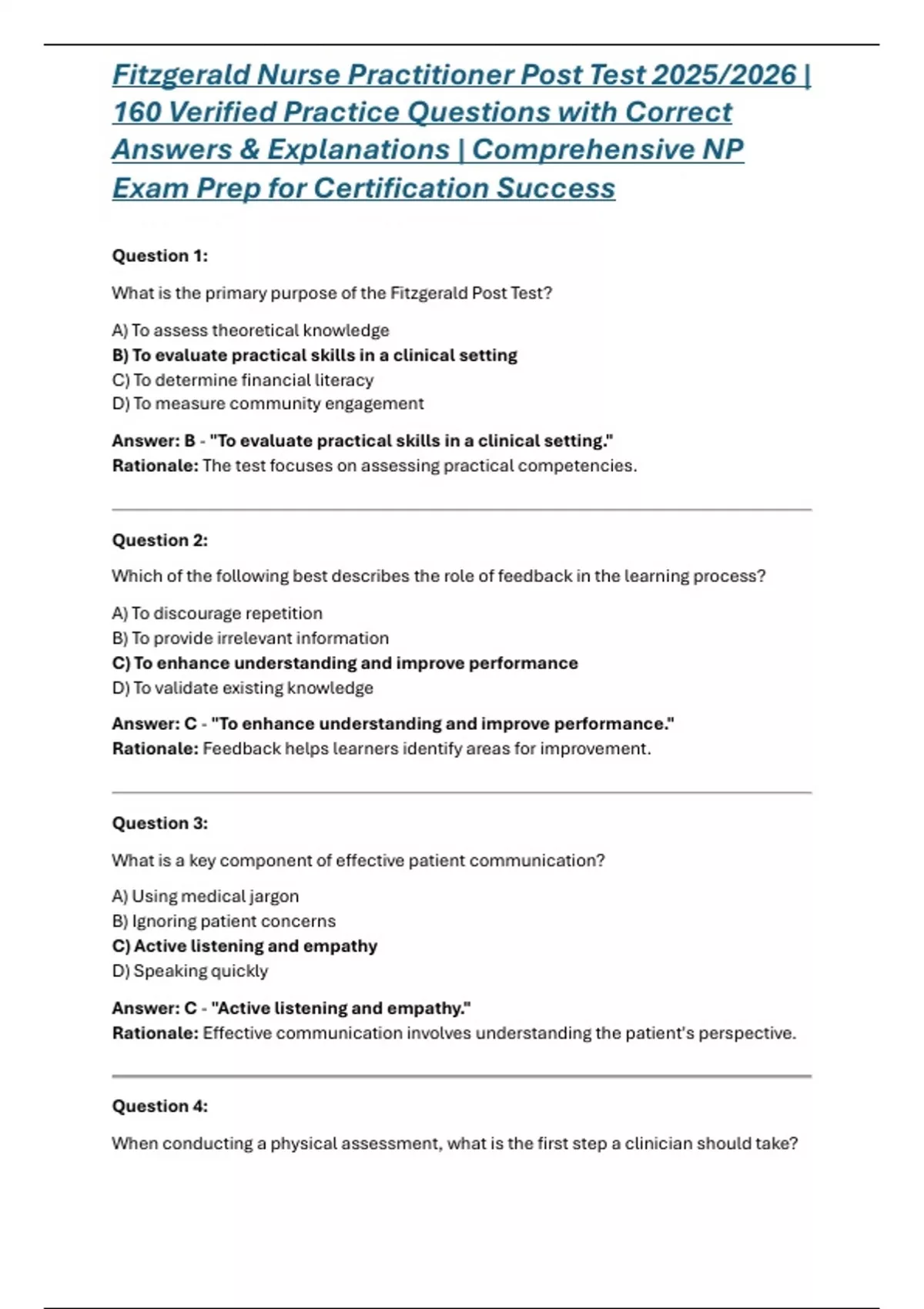 Fitzgerald Nurse Practitioner Post Test 2025/2026 | 160 Verified ...