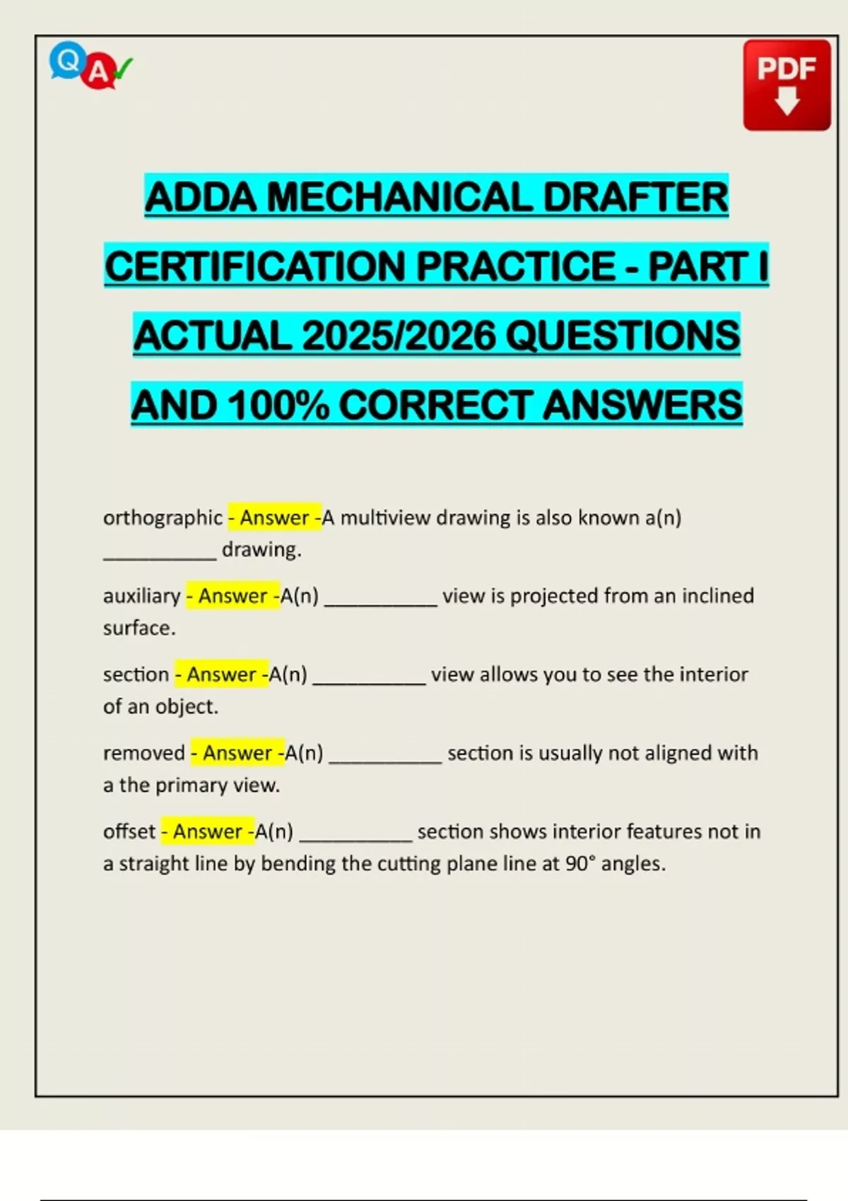 ADDA MECHANICAL DRAFTER CERTIFICATION PRACTICE - PART I ACTUAL 2025/ ...