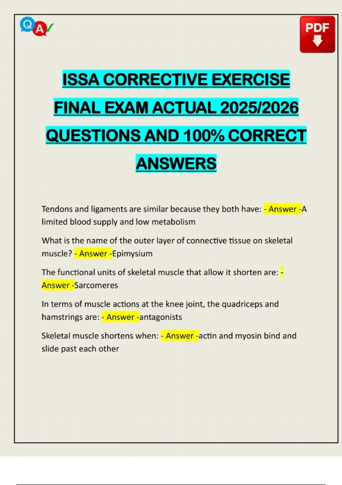 ISSA CORRECTIVE EXERCISE FINAL EXAM ACTUAL 2025/2026 QUESTIONS AND 100% ...