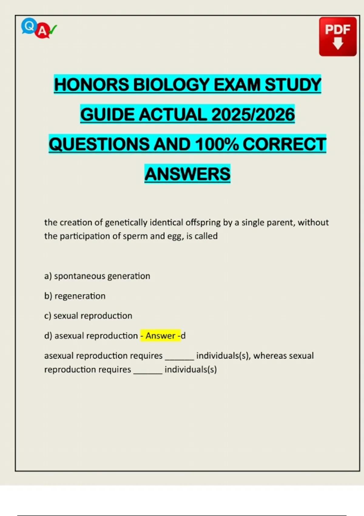 HONORS BIOLOGY EXAM STUDY GUIDE ACTUAL 2025/2026 QUESTIONS AND 100% ...