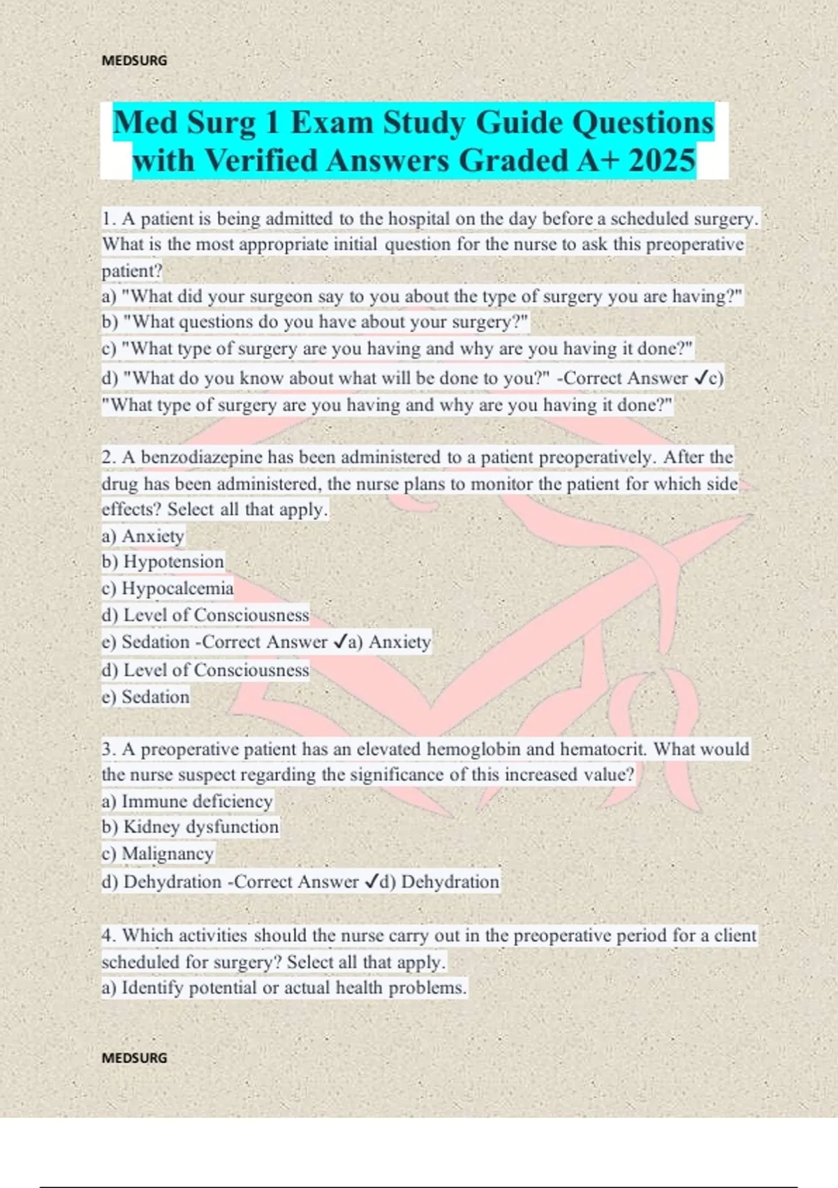 Med Surg 1 Exam Study Guide Questions with Verified Answers Graded A+ ...