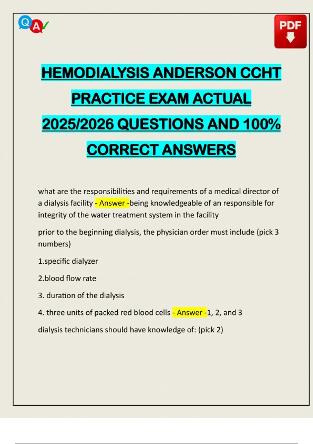 HEMODIALYSIS ANDERSON CCHT PRACTICE EXAM ACTUAL 2025/2026 QUESTIONS AND 100% CORRECT ANSWERS ...