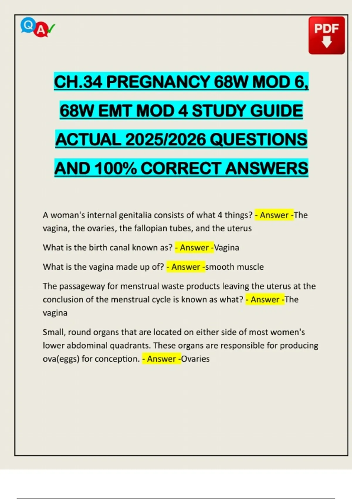 CH.34 PREGNANCY 68W MOD 6, 68W EMT MOD 4 STUDY GUIDE ACTUAL 2025/2026 ...