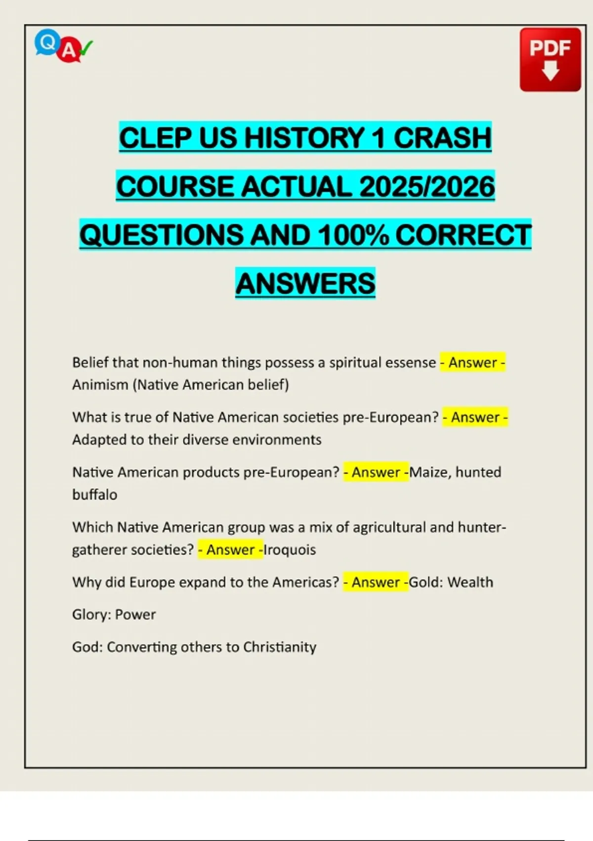 CLEP US HISTORY 1 CRASH COURSE ACTUAL 2025/2026 QUESTIONS AND 100% ...