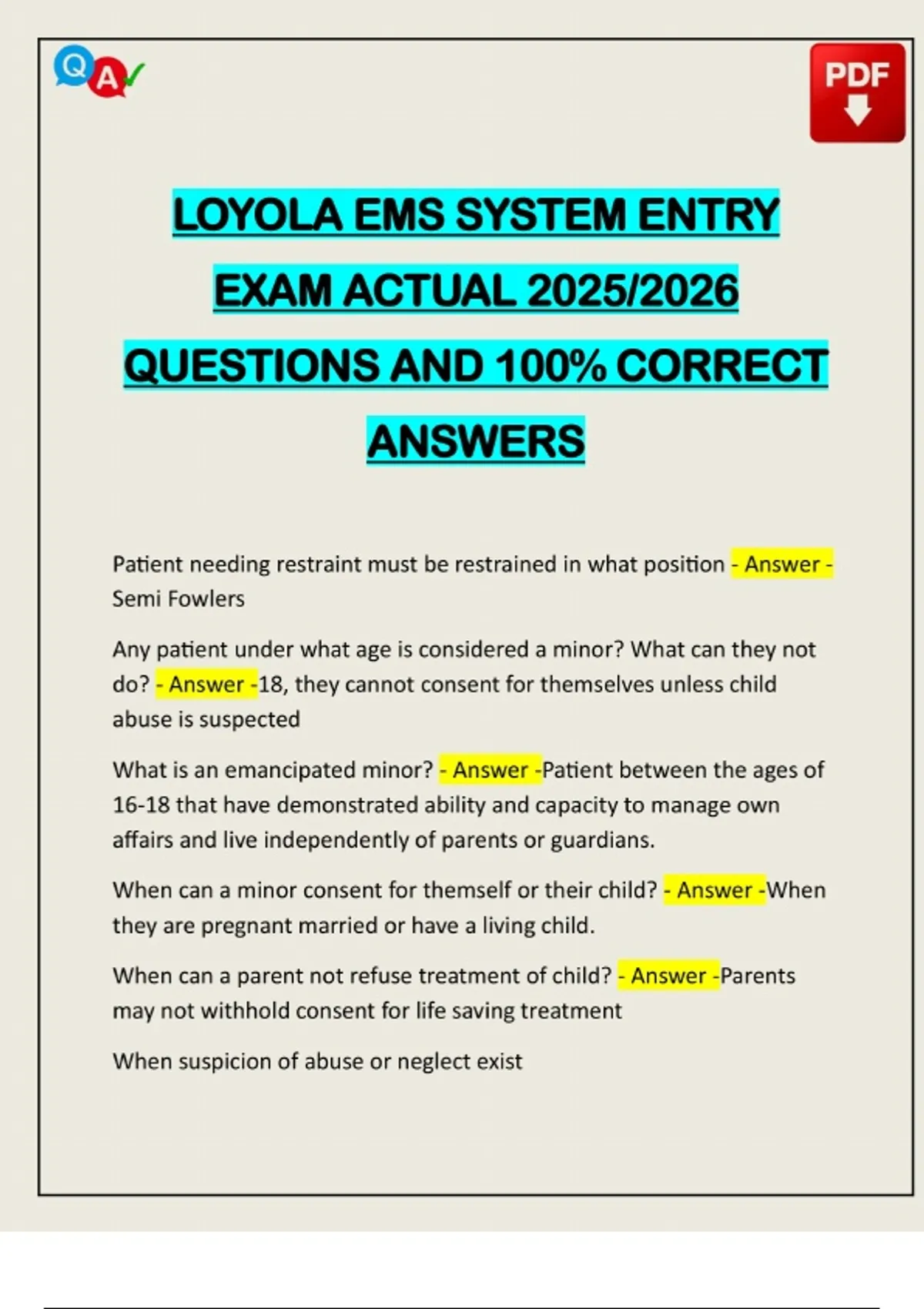 LOYOLA EMS SYSTEM ENTRY EXAM ACTUAL 2025/2026 QUESTIONS AND 100% ...