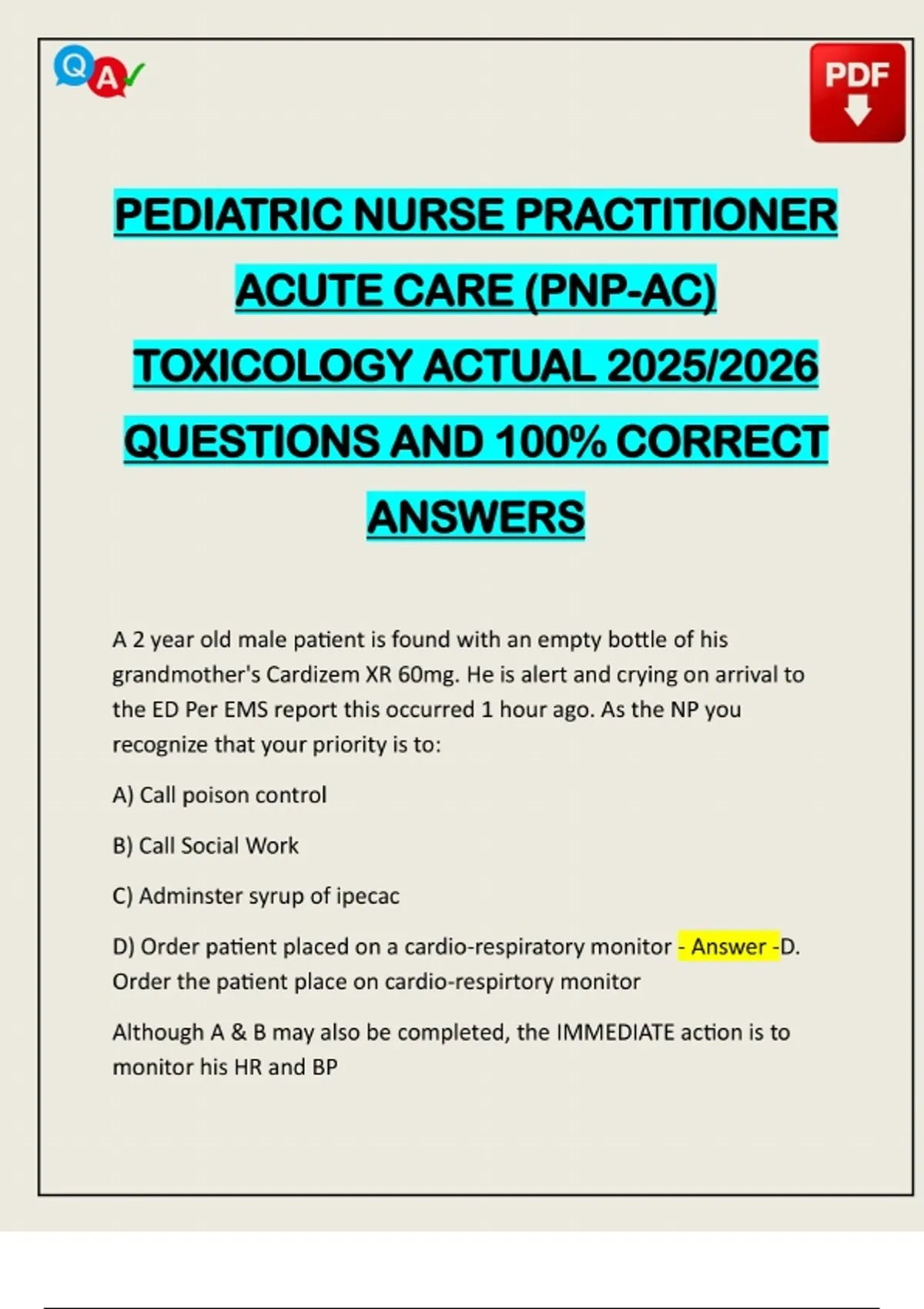 PEDIATRIC NURSE PRACTITIONER ACUTE CARE (PNP-AC) TOXICOLOGY ACTUAL 2025/2026 QUESTIONS AND 100% ...