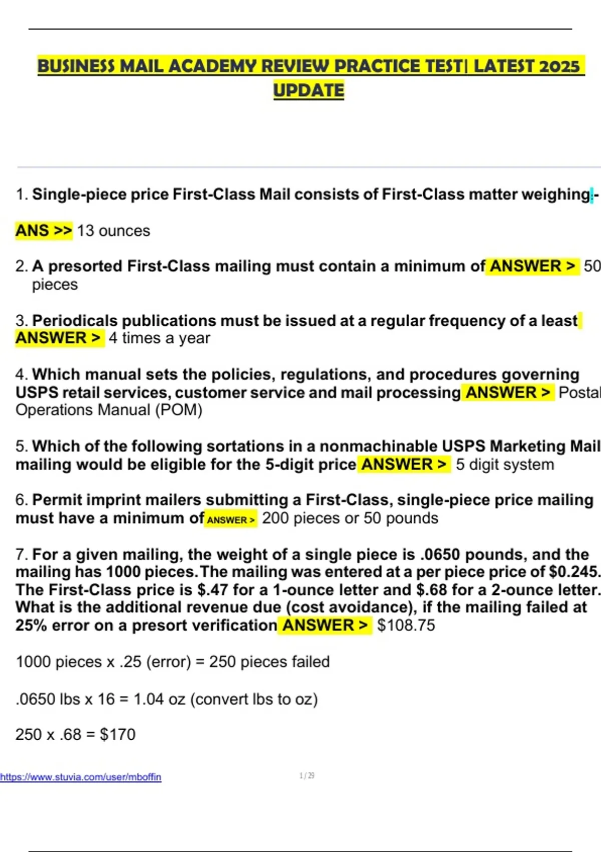 Mailstore Exam Example BUSINESS MAIL ACADEMY REVIEW PRACTICE TEST| LATEST 2025 UPDATE - BMEU ...