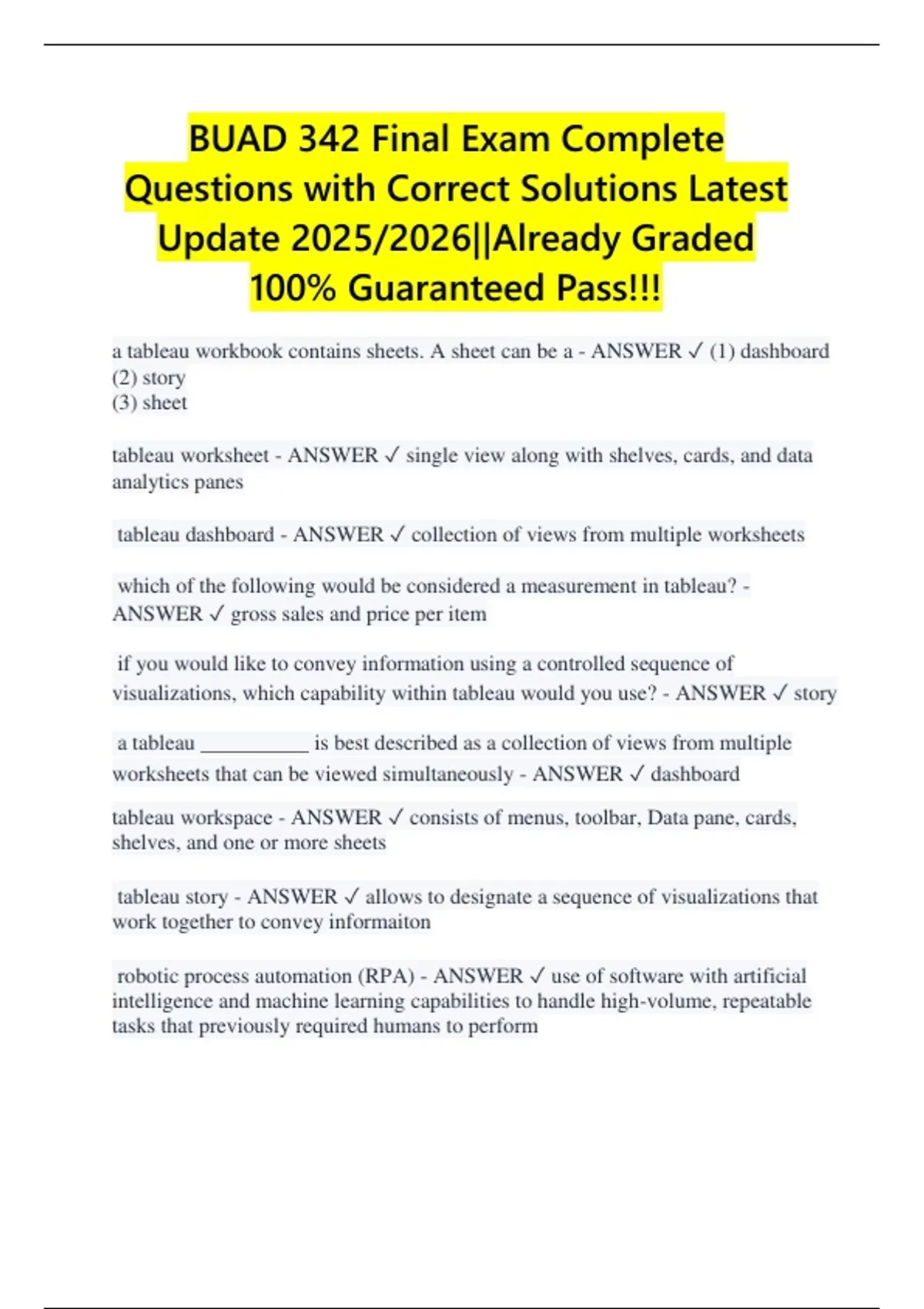 BUAD 342 Final Exam Complete Questions with Correct Solutions Latest ...