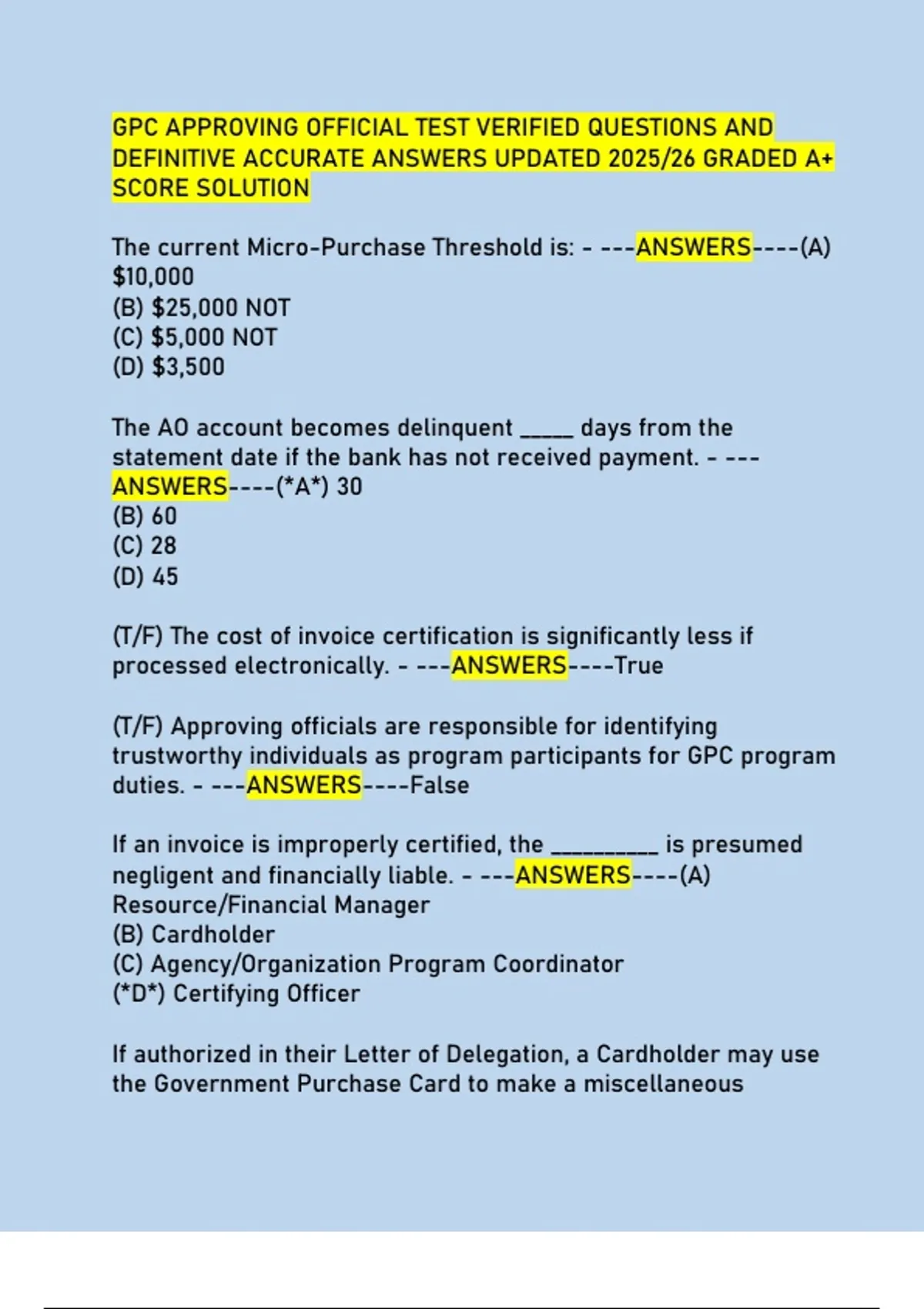 GPC APPROVING OFFICIAL TEST VERIFIED QUESTIONS AND DEFINITIVE ACCURATE ...