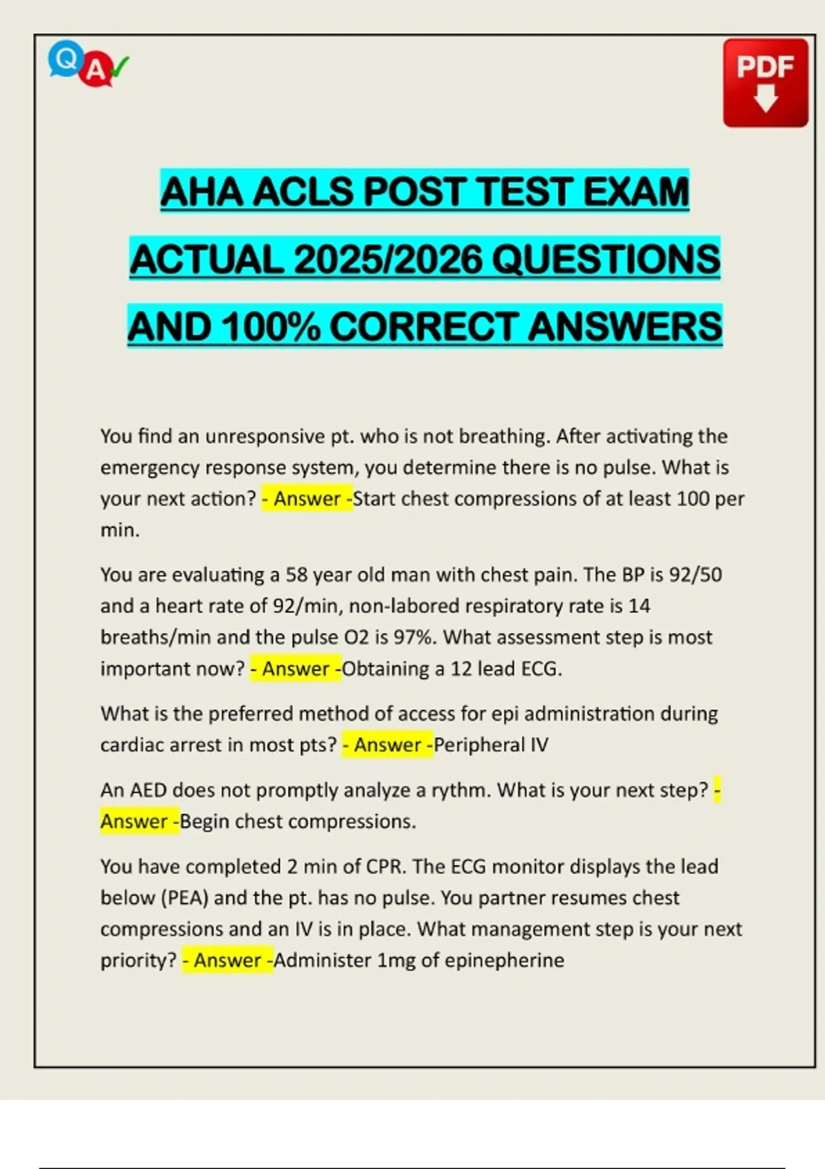 AHA ACLS POST TEST EXAM ACTUAL 2025/2026 QUESTIONS AND 100% CORRECT ...