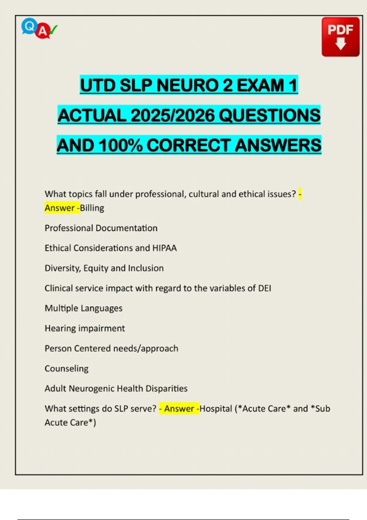 UTD SLP NEURO 2 EXAM 1 ACTUAL 2025/2026 QUESTIONS AND 100% CORRECT ...