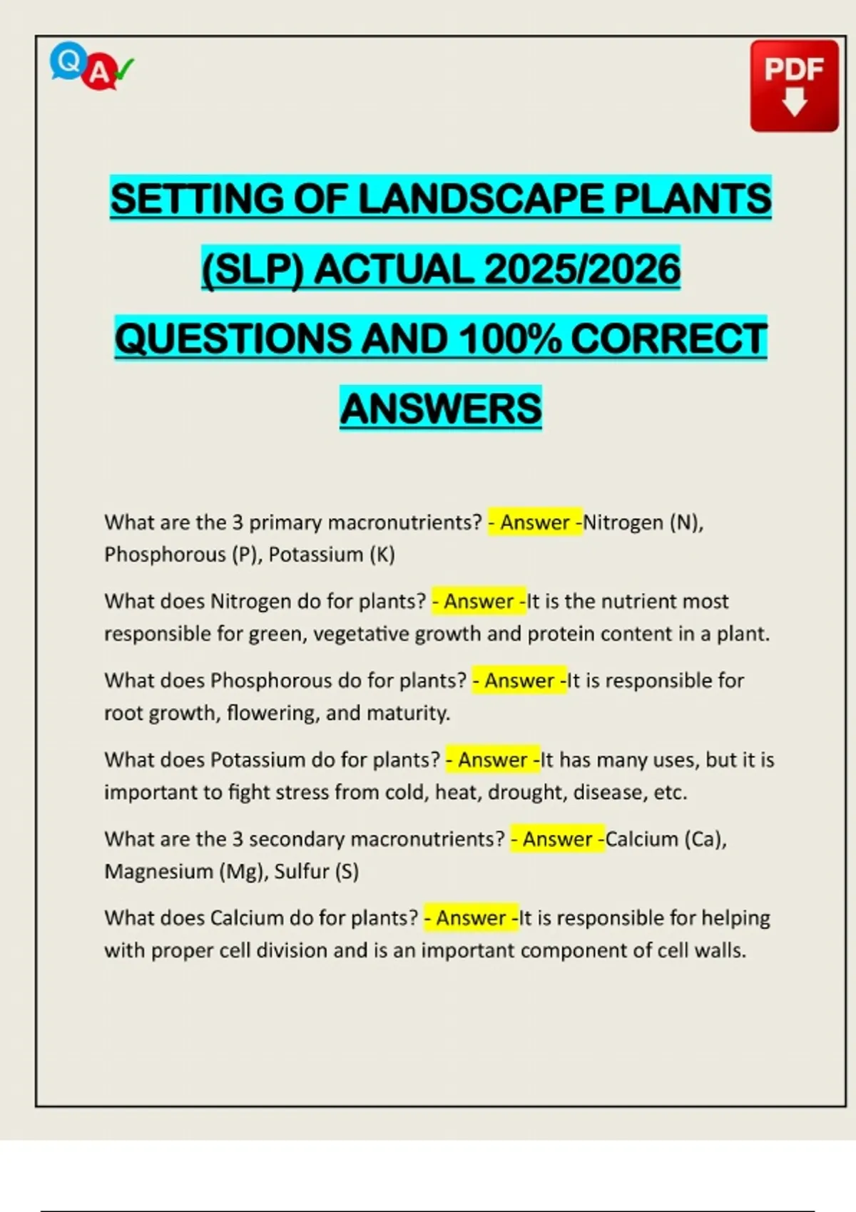 SETTING OF LANDSCAPE PLANTS (SLP) ACTUAL 2025/2026 QUESTIONS AND 100% ...