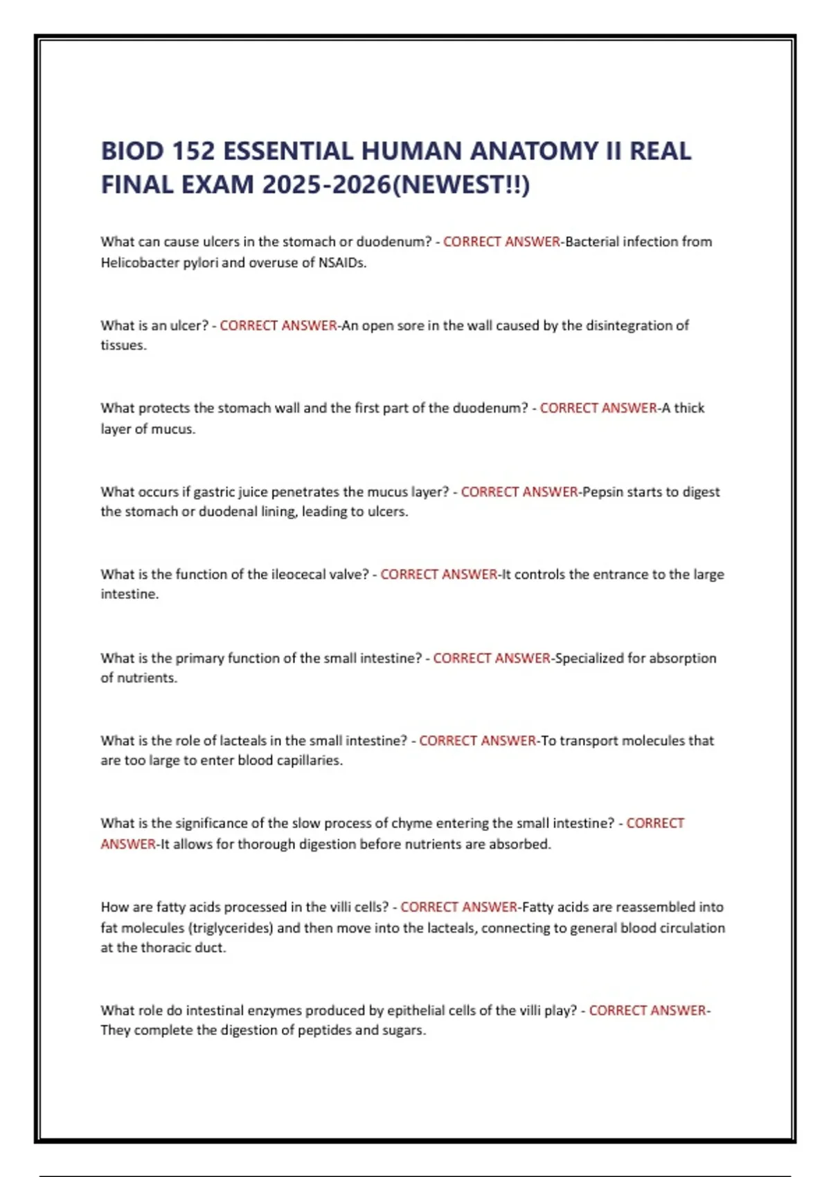 BIOD 152 ESSENTIAL HUMAN ANATOMY II REAL FINAL EXAM (NEWEST!!) - BIOD ...
