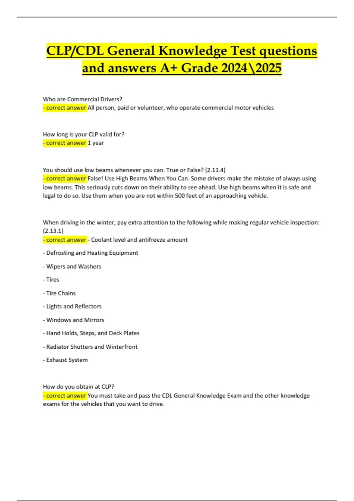 CDL CLP Test – Questions and Answers 2024/2025 (A+ Verified) - CDL CLP ...